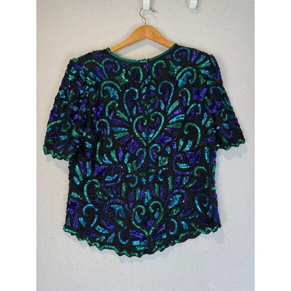 Vtg Laurence Kazar Beaded Top Green Purple Womens Size 1X Silk Classic City - Picture 2 of 3
